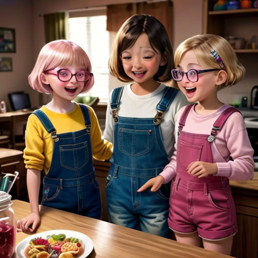 three children standing in a kitchen with a plate of food on the counter and a jar of jelly in the background