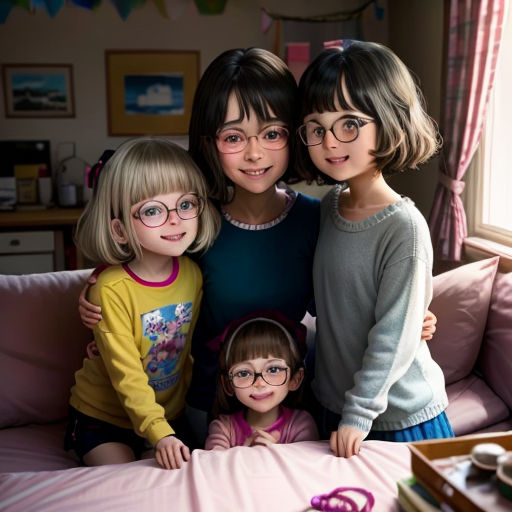 a group of children posing for a picture together on a bed in a room with pink walls and curtains