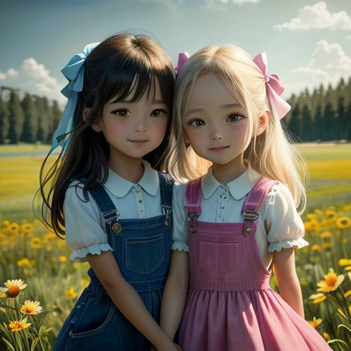two little girls standing next to each other in a field of flowers with sunflowers in the background