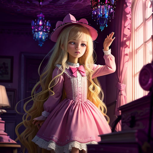a little girl dressed in a pink dress and hat with long blonde hair and a pink bow tie and pink shoes