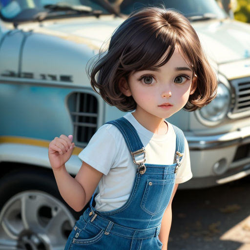 a little girl standing next to a parked car in front of a silver car with a white shirt on