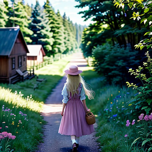 a little girl walking down a path in a field of flowers and trees with a pink hat on her head
