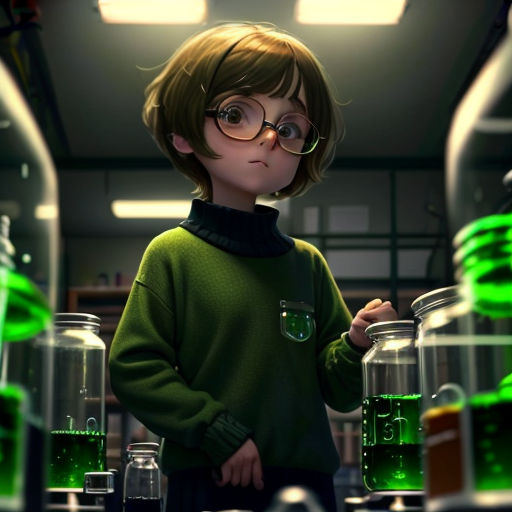 a boy in a green sweater and glasses standing in a lab with green liquid in beakers and a green light