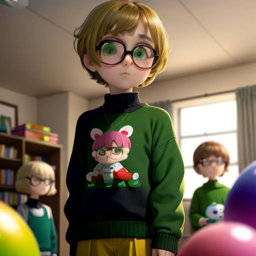 a cartoon character wearing glasses standing in a room with balloons and a bookcase in the background, with a group of children in the background
