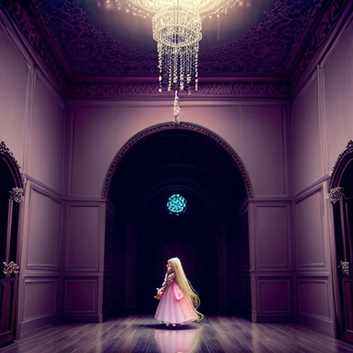 a doll is standing in a room with a chandelier hanging from the ceiling and a chandelier hanging from the ceiling