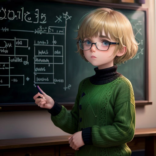 a young blonde girl wearing glasses standing in front of a chalkboard with a blackboard in the background