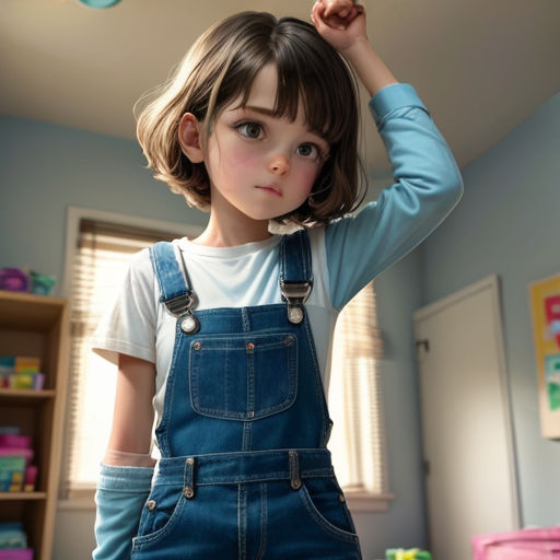 a little girl in a blue denim dress is holding her hair up and looking at the camera with a smile