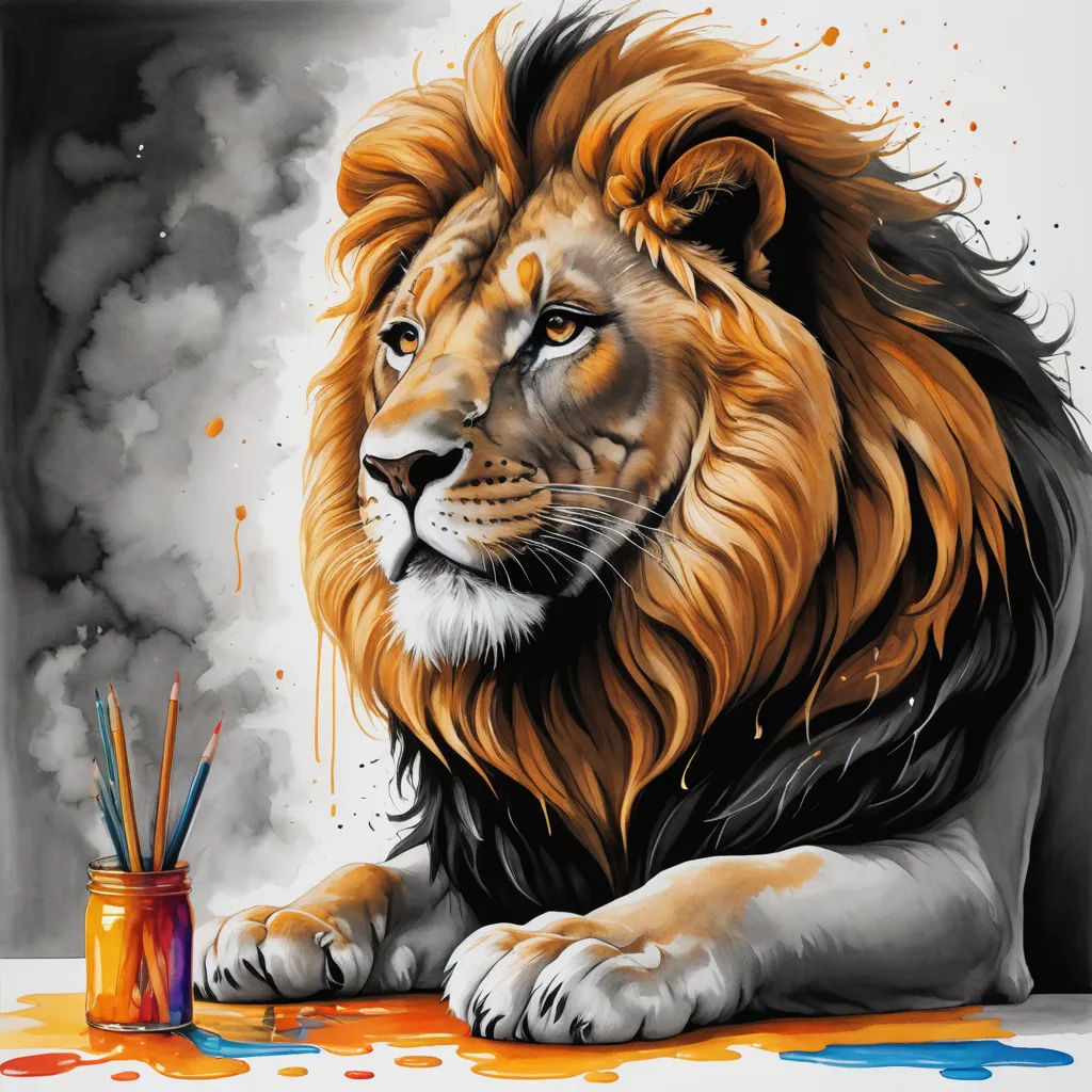 a lion is sitting next to a paintbrush and a cup of paint on a table with a paintbrush, lyco art, an airbrush painting, artist, realistic painting