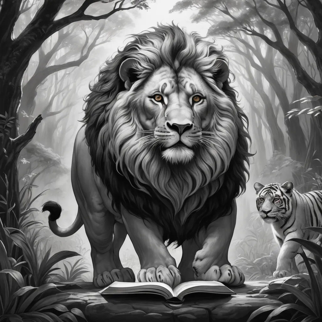 a lion and a tiger are standing in the woods together, with a book open to the side of the image, fantasy art, a storybook illustration, Anne Stokes, storybook illustration