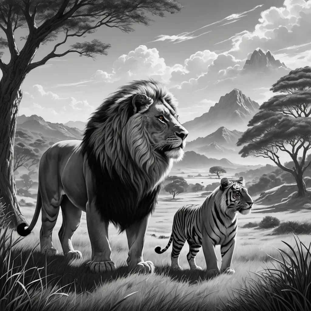a lion and a tiger standing in a field of grass and trees with mountains in the background and clouds in the sky, fantastic realism, an airbrush painting, Brothers Hildebrandt, ambient occlusion