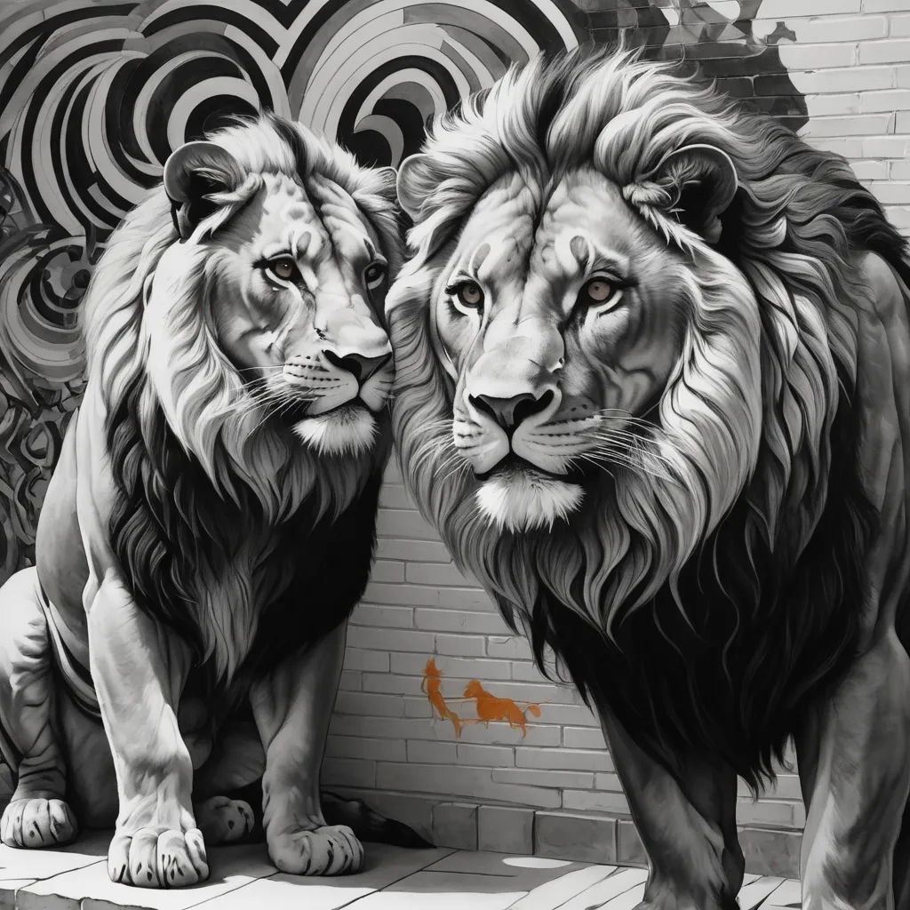 two lions standing next to each other on a brick wall with a mural behind them that has a red fox on it, photorealism, a photorealistic painting, Brad Kunkle, highly detailed digital painting