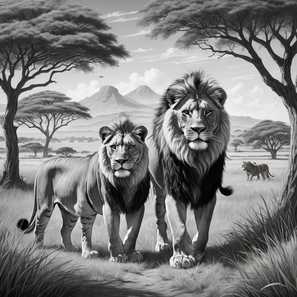 a couple of lions standing next to each other on a field of grass and trees with mountains in the background, fantastic realism, a black and white photo, Brothers Hildebrandt, highly detailed oil painting
