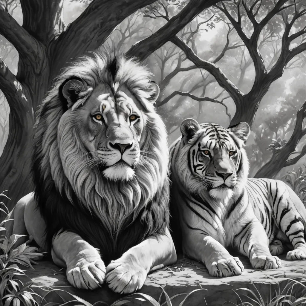 two lions sitting next to each other on a rock in front of a tree with leaves and branches on it, naturalism, an airbrush painting, Anne Stokes, highly detailed digital painting