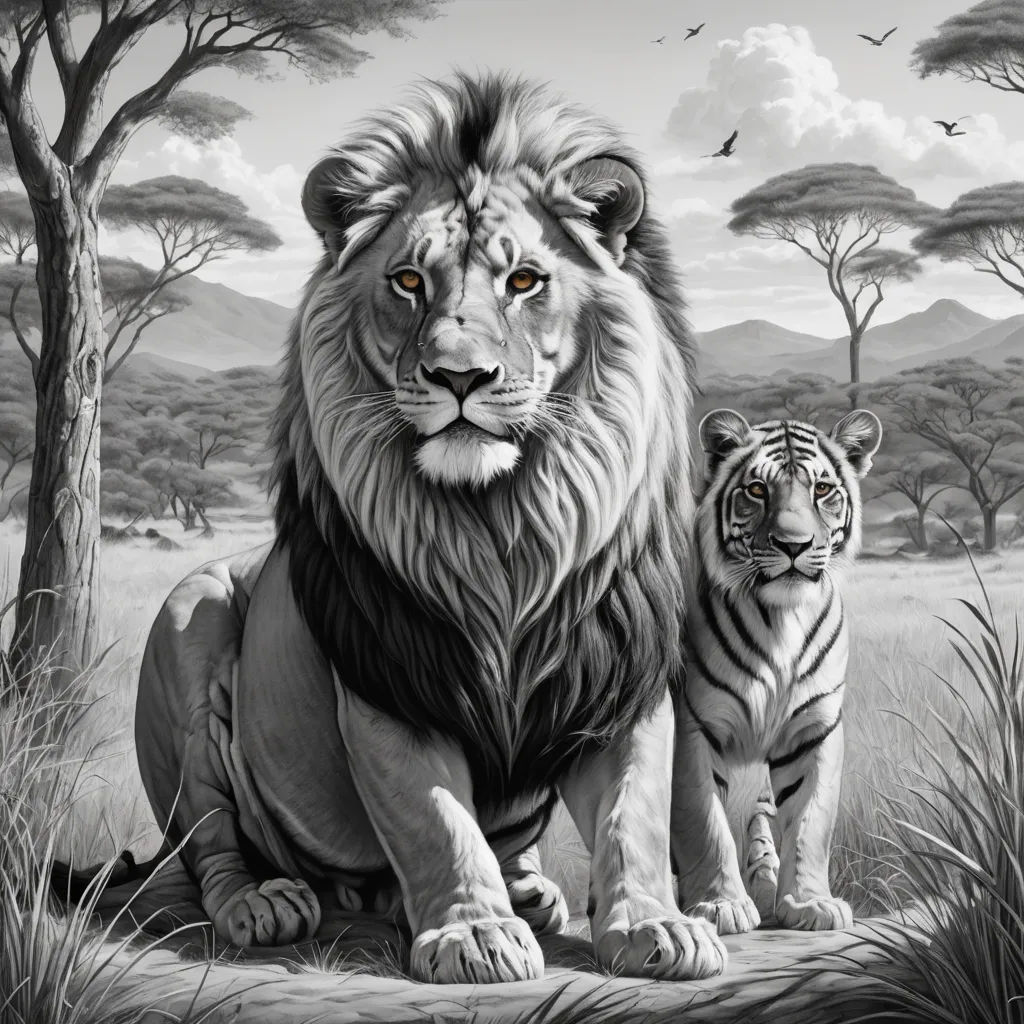 a lion and a tiger are sitting in the grass together in front of a tree and a mountain range, photorealism, a black and white photo, David Martin, ambient occlusion
