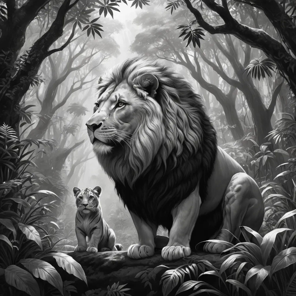 a lion and a cub in a forest with trees and leaves on the ground, with a black and white background, sots art, an ultrafine detailed painting, Ed Binkley, ambient occlusion