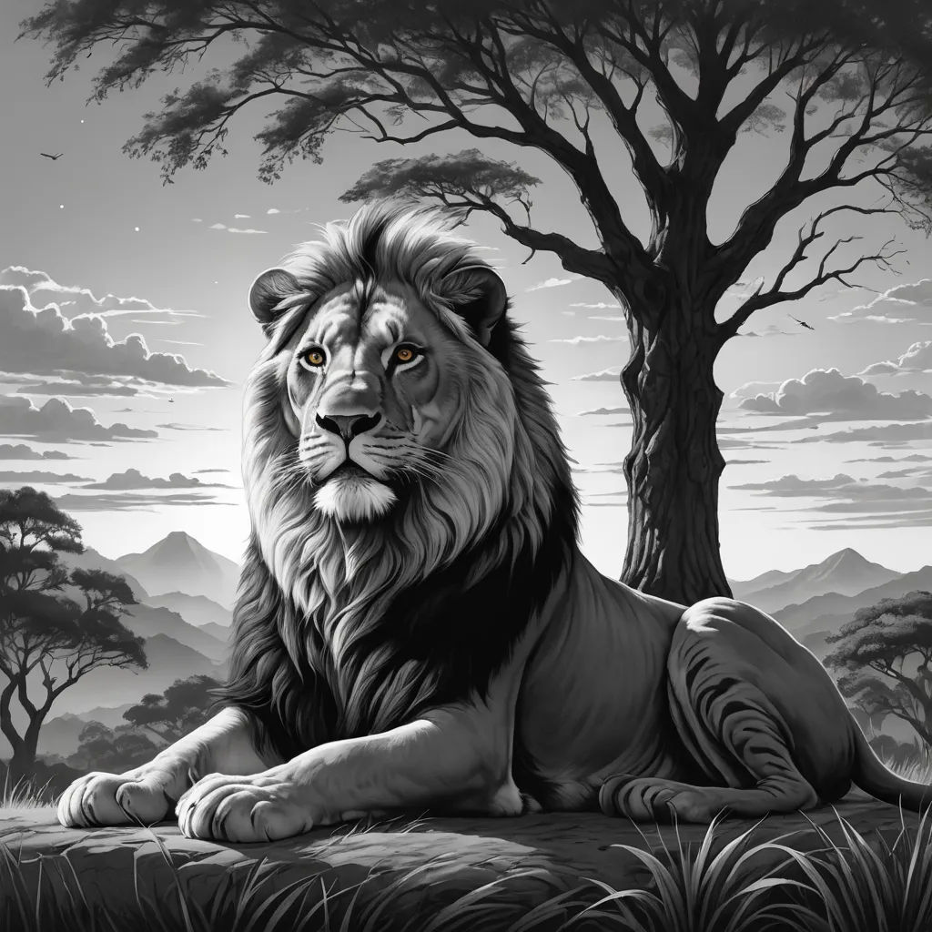 a lion laying on a rock in front of a tree with a sky background and clouds in the background, lyco art, a black and white photo, David Martin, highly detailed digital painting