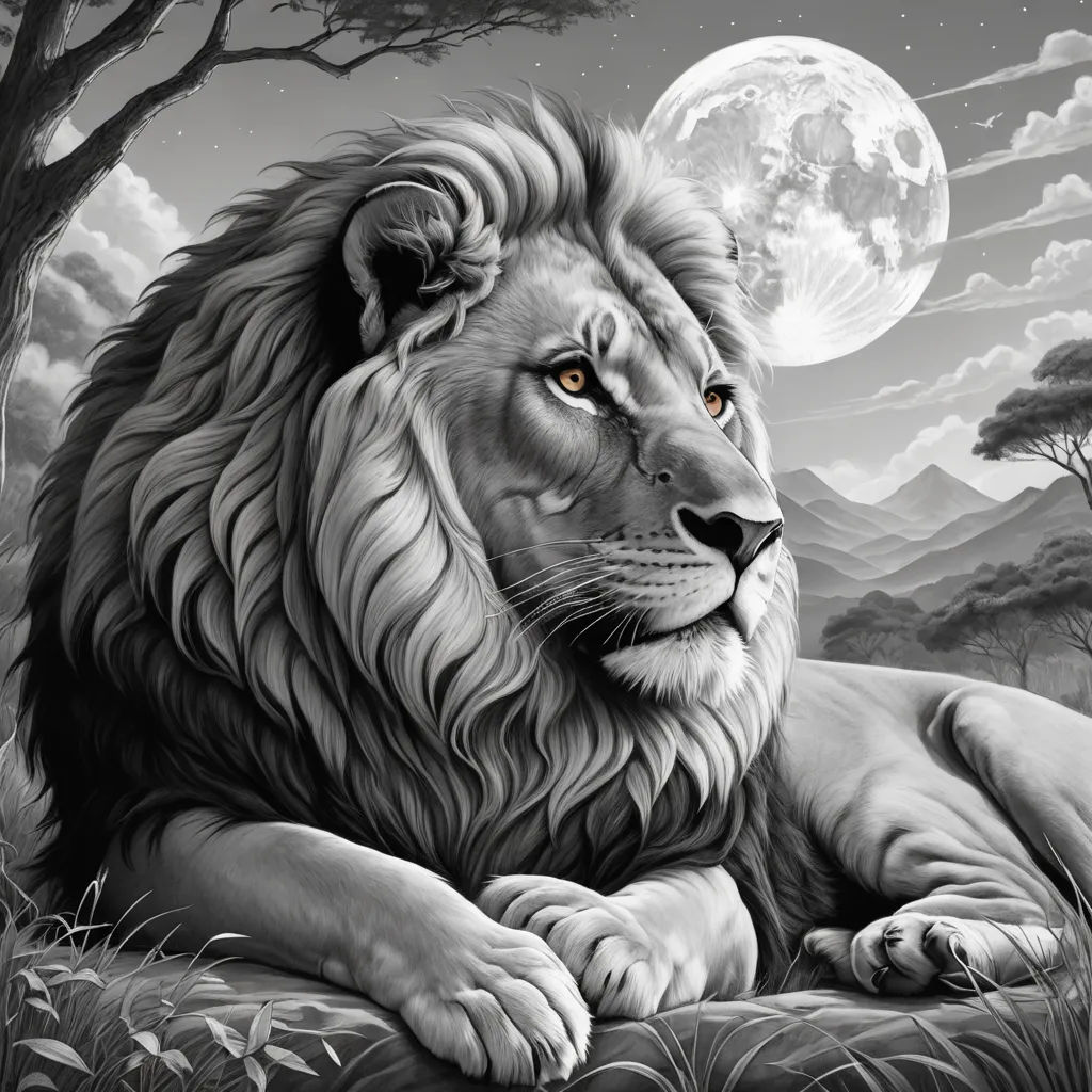a lion laying down in the grass with a full moon in the background and trees in the foreground, fantasy art, an airbrush painting, Anne Stokes, highly detailed digital painting
