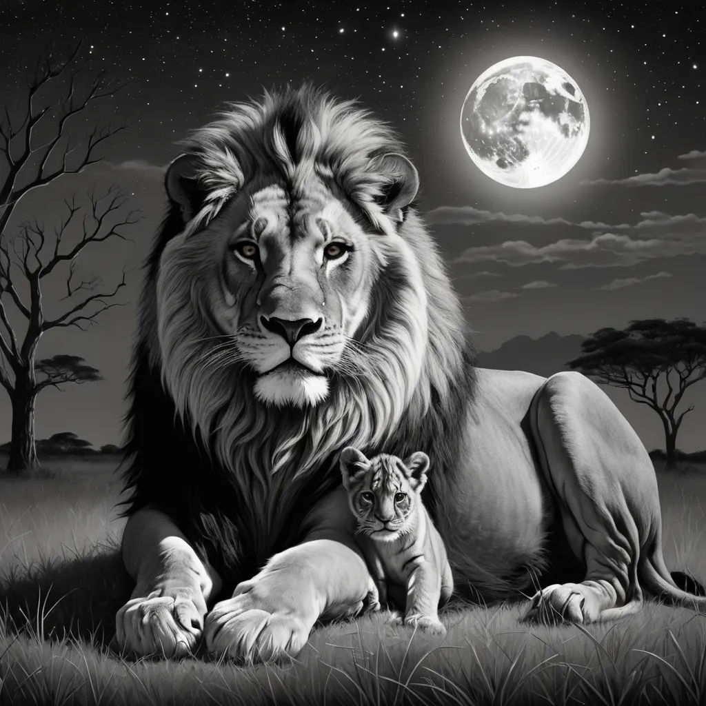a lion and a cub are sitting in the grass under a full moon and stars sky with trees and a full moon behind them, gothic art, a black and white photo, Art Brenner, wildlife photography