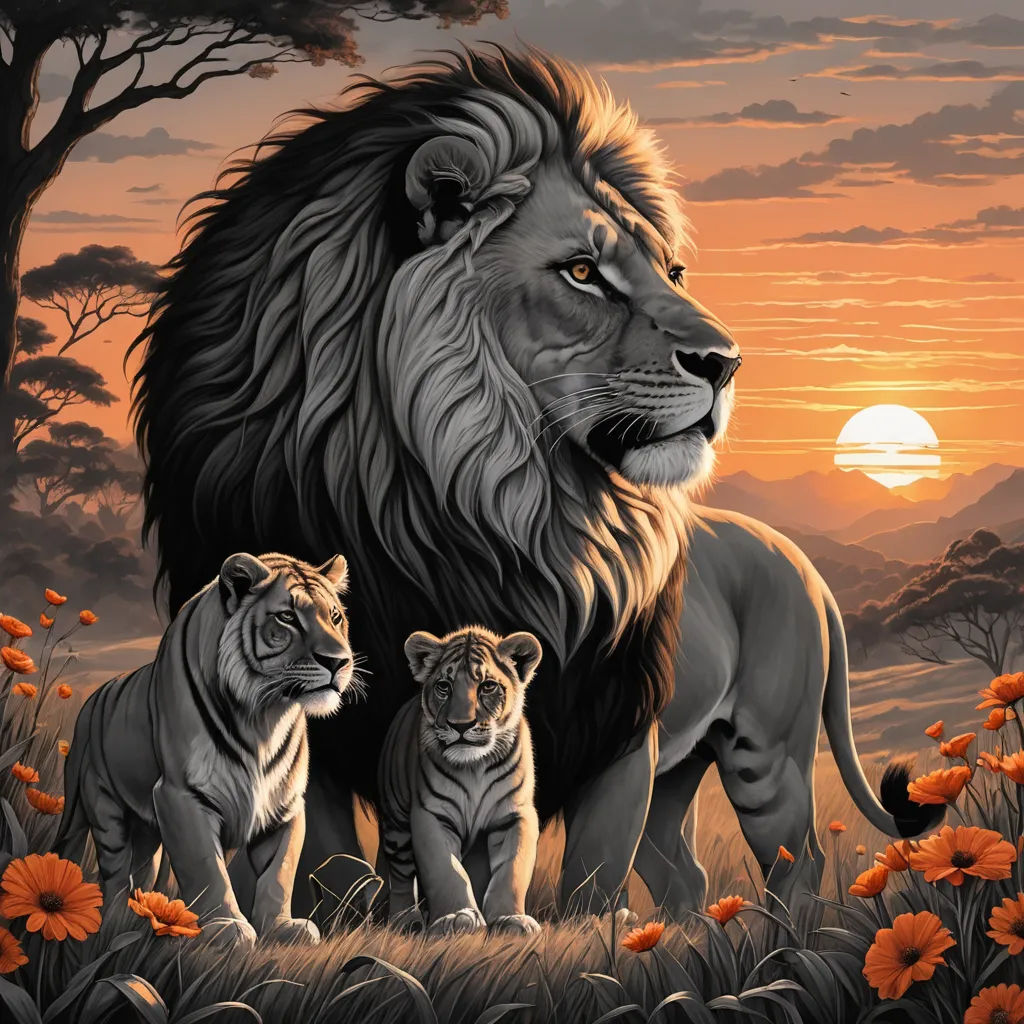 a lion and two cubs standing in a field of flowers at sunset with the sun setting behind them and a lion with its young, fantasy art, an airbrush painting, Anne Stokes, highly detailed digital painting