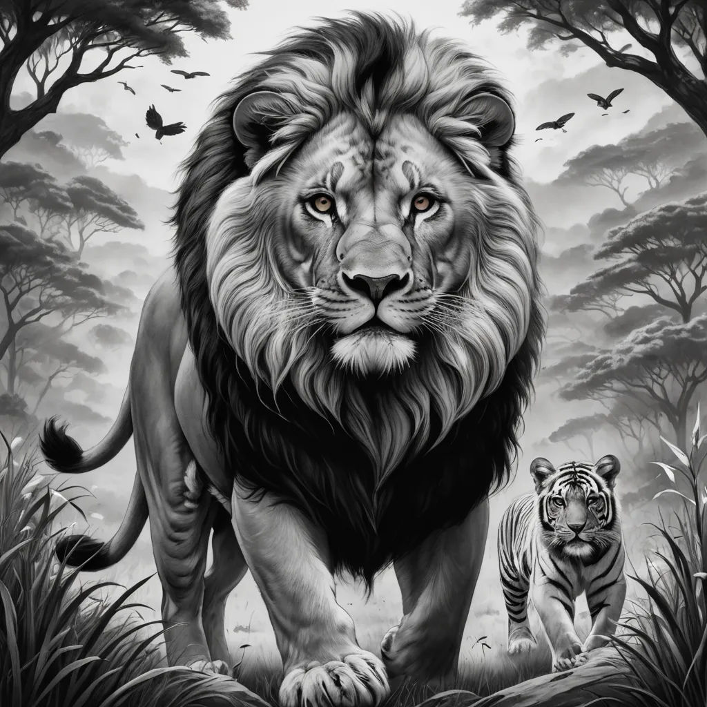 a lion and a tiger are walking through the jungle together in this black and white painting by artist mark taylor, sumatraism, an airbrush painting, Anne Stokes, highly detailed digital painting