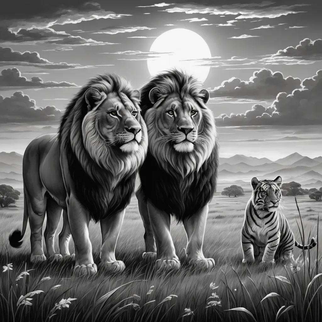 a lion and a tiger standing in a field with a full moon in the background and a tiger in the foreground, lyco art, an airbrush painting, Anne Stokes, highly detailed digital painting