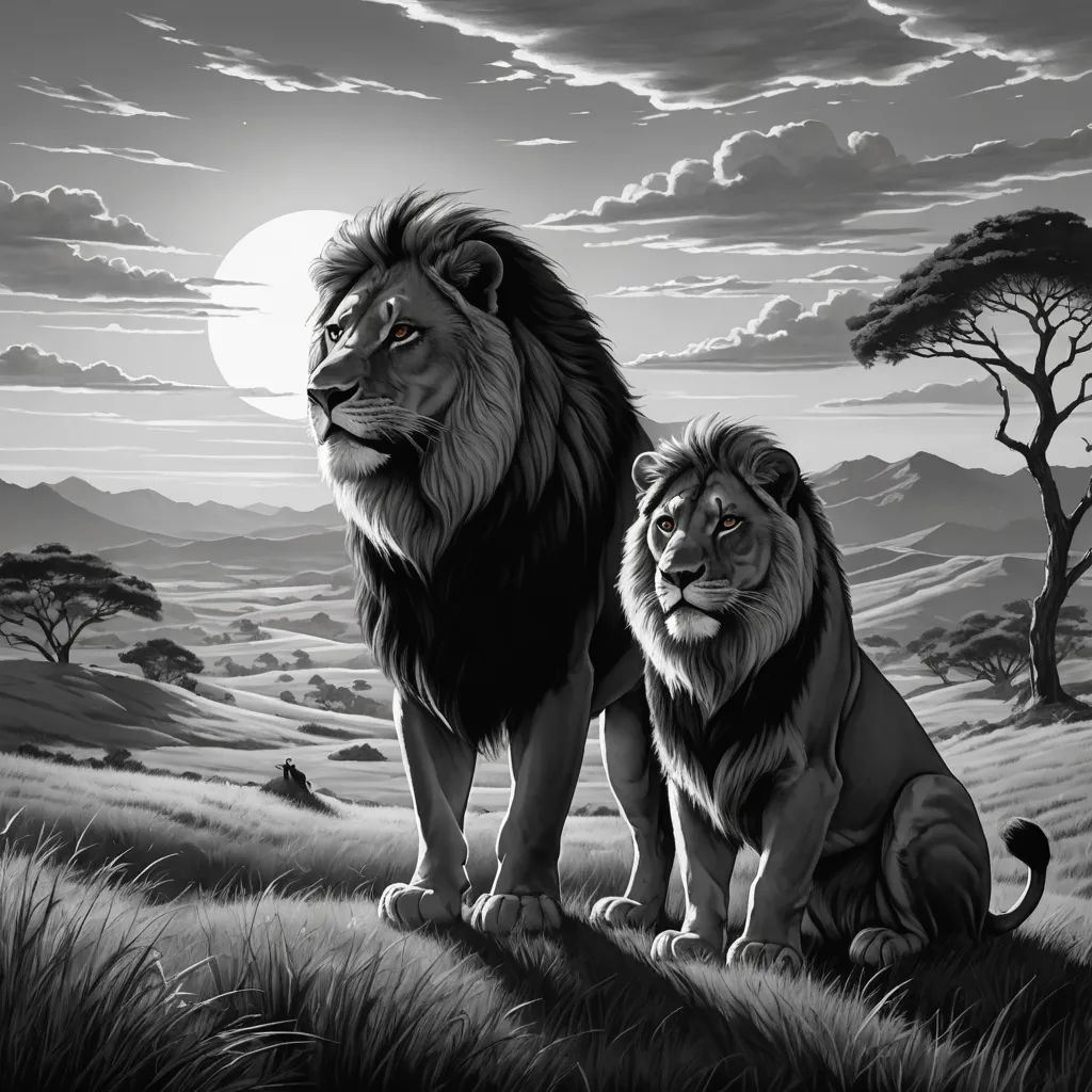 two lions sitting on a hill with a full moon in the background and trees in the foreground, with a black and white background, fantasy art, a black and white photo, Anne Stokes, majestic