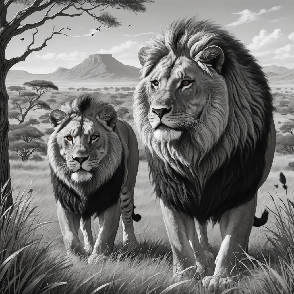 a couple of lions walking across a grass covered field next to a tree and a mountain range in the background, fantastic realism, an ultrafine detailed painting, Brothers Hildebrandt, highly detailed digital painting