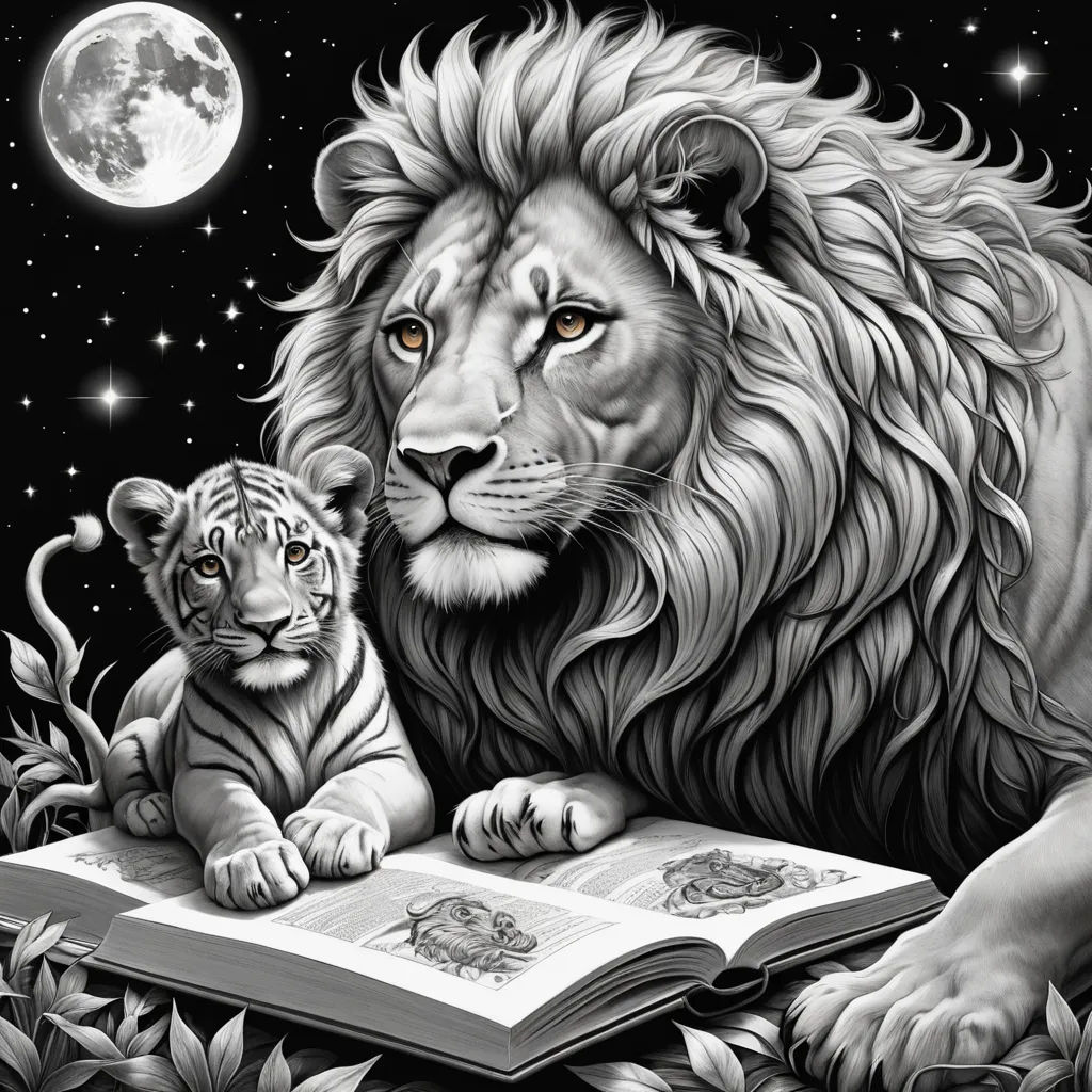 a lion and a tiger are sitting on a book with a full moon in the background and stars in the sky, fantasy art, a storybook illustration, Anne Stokes, storybook illustration