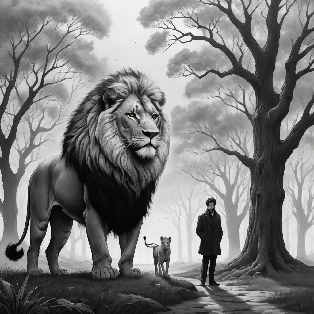 a man standing next to a lion in a forest with a dog on a leash next to it,, magic realism, a storybook illustration, Cyril Rolando, epic composition
