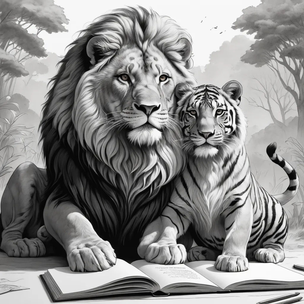 a drawing of two tigers sitting next to each other on a book cover with a tiger in the background, bengal school of art, a storybook illustration, Art & Language, storybook illustration