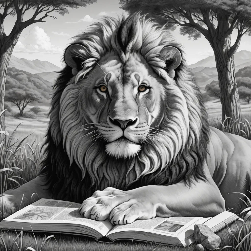 a lion laying down reading a book in a field of grass with trees in the background and a sky with clouds, fantastic realism, a storybook illustration, Dirk Crabeth, highly detailed digital painting