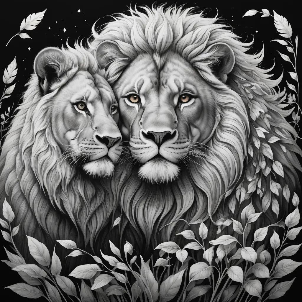 two lions are shown in black and white with leaves around them, and one is facing the camera and the other is facing the viewer, psychedelic art, a detailed drawing, Alison Kinnaird, trending on art station