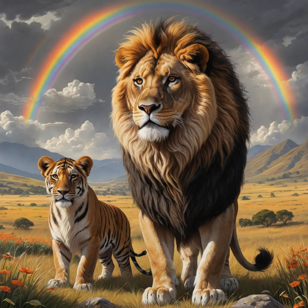 a painting of a lion and a tiger standing in a field with a rainbow in the background and a mountain range in the background, furry art, an oil painting, Brothers Hildebrandt, majestic