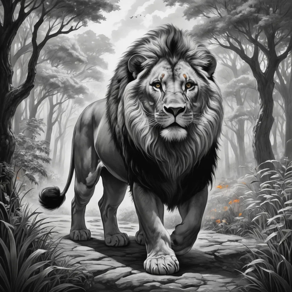 a lion walking through a forest filled with trees and bushes, with a white background and a black and white painting of a lion, lyco art, an airbrush painting, Anne Stokes, photoreal