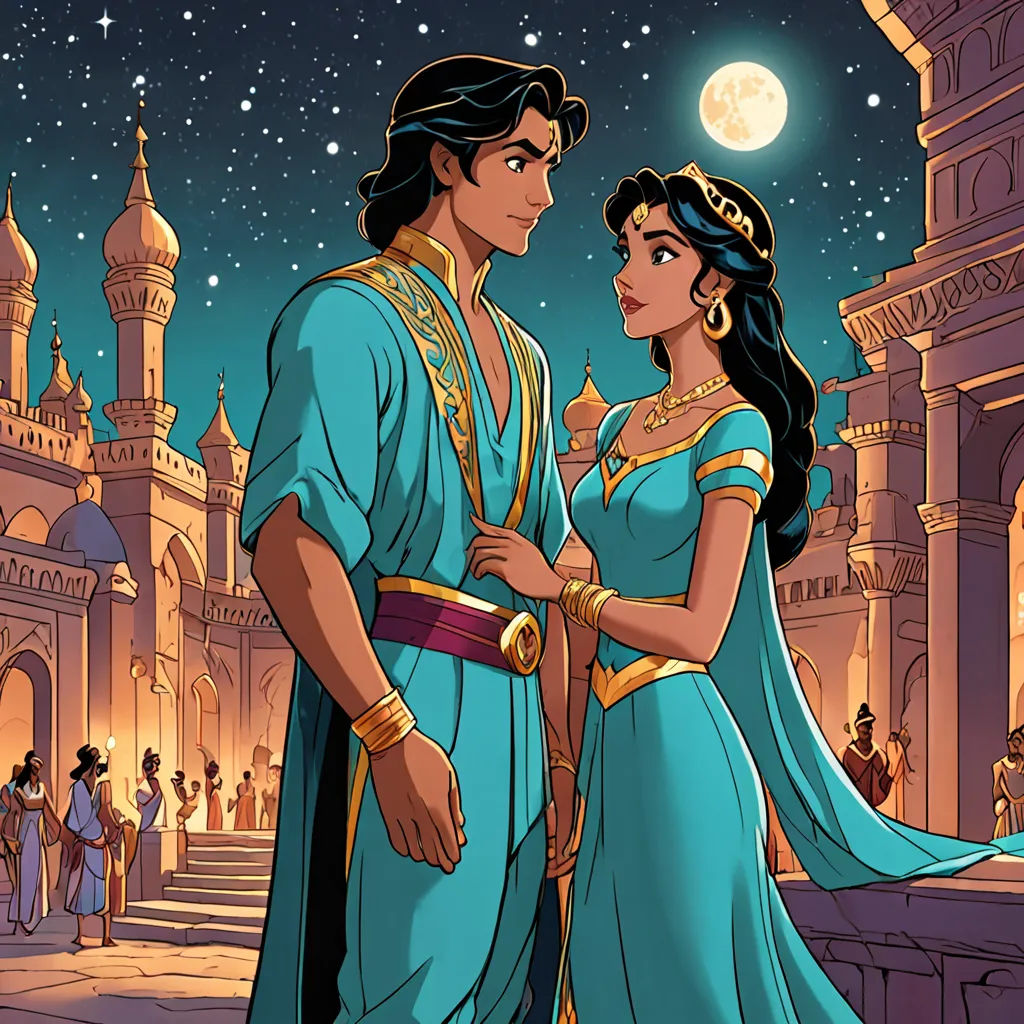a man and woman dressed in ancient greek costumes standing in front of a castle at night with a full moon in the sky, cloisonnism, a storybook illustration, Altoon Sultan, orientalism