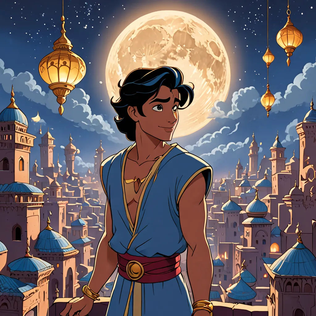 a cartoon of a man in a blue outfit standing in front of a city with a full moon in the background, cloisonnism, a character portrait, Altoon Sultan, rossdraws global illumination
