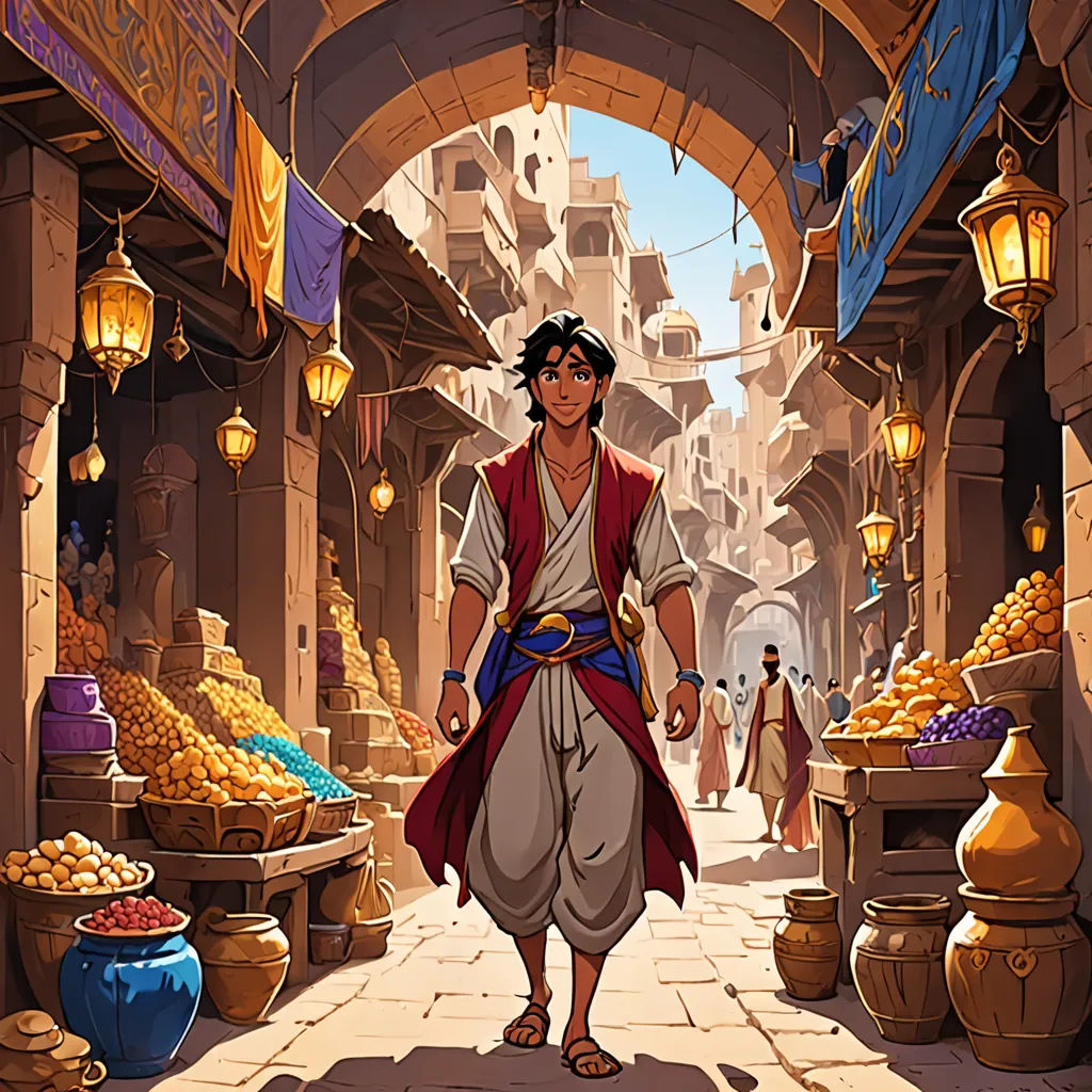 a cartoon of a man in a marketplace with a lot of food on the shelves and a lamp on the ceiling, fantasy art, a comic book panel, Altoon Sultan, rossdraws global illumination