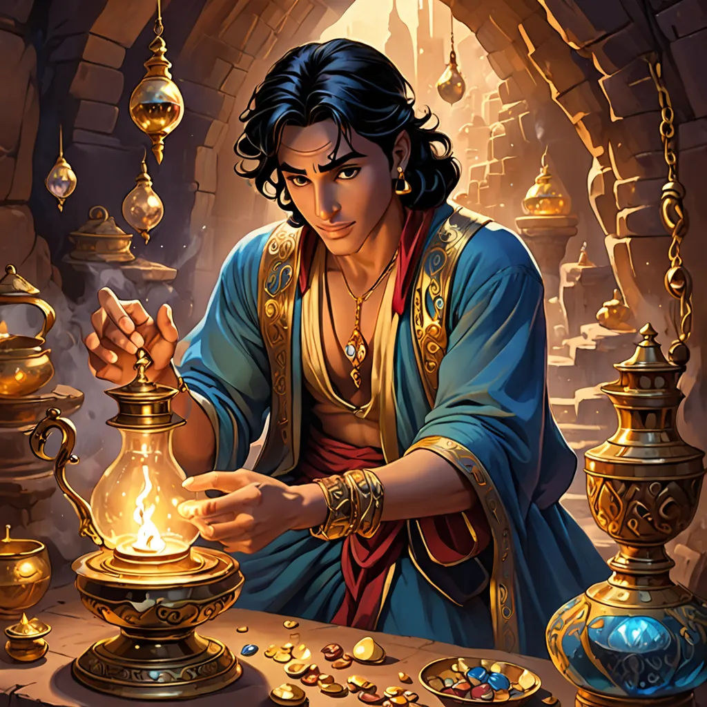 a man in a blue outfit holding a lamp in front of a table with gold coins and a lamp, fantasy art, a storybook illustration, Altoon Sultan, magic the gathering artwork