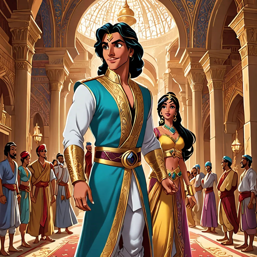a cartoon of a man and woman in ancient greek costumes standing in a palace hallway with other people in the background, qajar art, a comic book panel, Altoon Sultan, official art