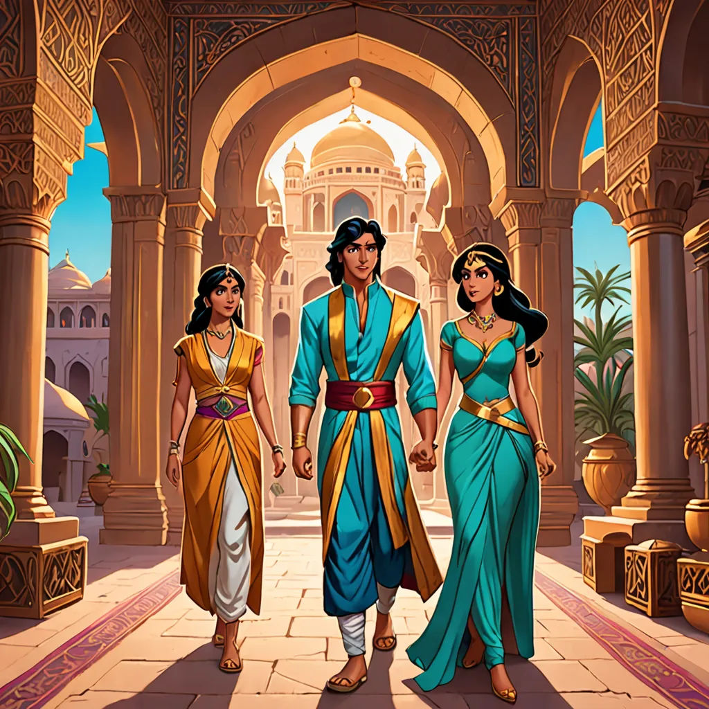 a painting of three people walking in a palace courtyard with arches and arches on either side of them, one of them is wearing a blue and gold sari, qajar art, a storybook illustration, Altoon Sultan, orientalism