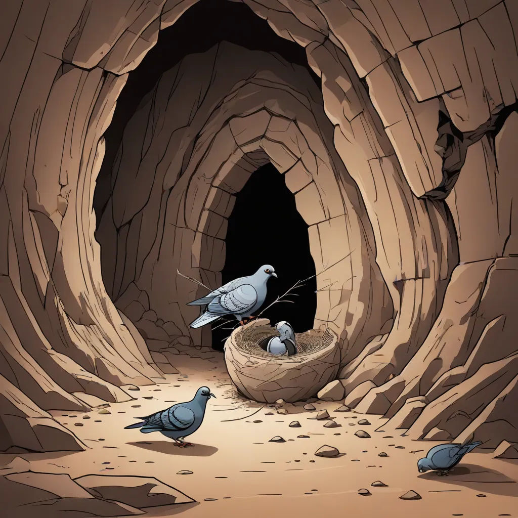 a group of birds standing in a cave with a nest in it's mouth and two birds sitting on the ground, Dan Mumford, primitivism, a cave painting, rossdraws global illumination