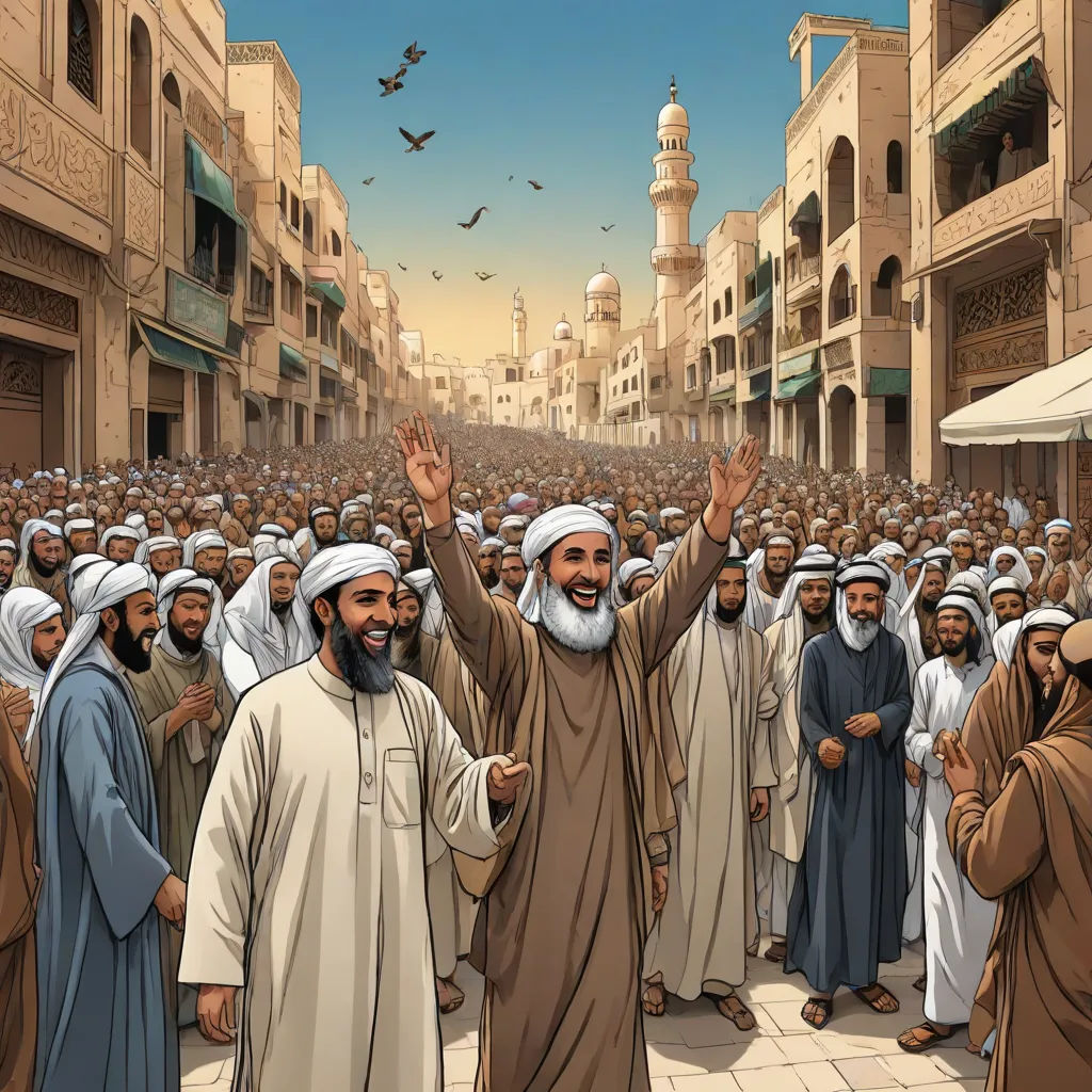 a painting of a man with his hands up in the air in front of a crowd of people in a city, Altoon Sultan, hurufiyya, a comic book panel, graphic novel