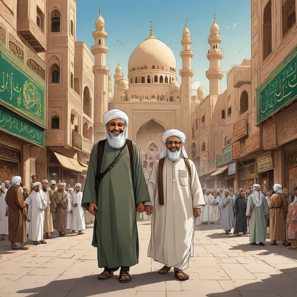 two men in traditional clothing standing in front of a crowd of people in a courtyard of a building with a dome, Brothers Hildebrandt, hurufiyya, a detailed matte painting, orientalism
