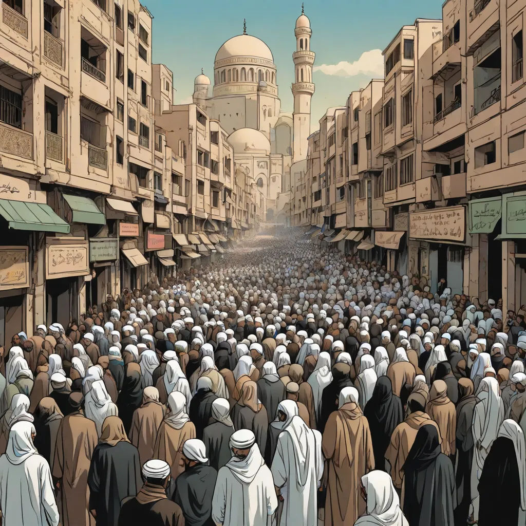 a crowd of people walking down a street next to tall buildings and a large dome building in the background, Asaf Hanuka, hurufiyya, a comic book panel, graphic novel