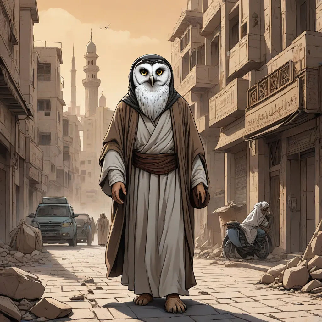 a cartoon of a wise looking owl in a street with a man in a robe and a car in the background, Farel Dalrymple, fantasy art, a comic book panel, comic cover art