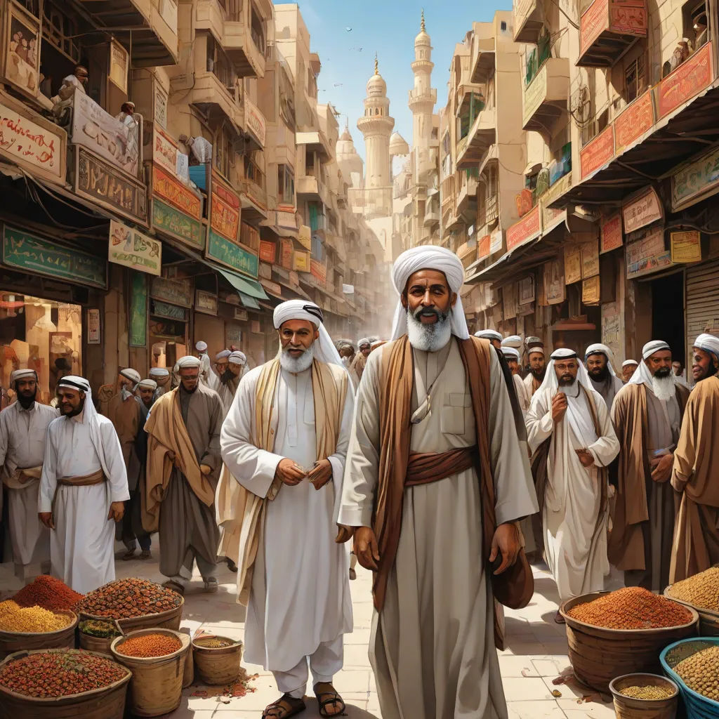 a painting of a man in a white turban and a man in a white robe are walking through a crowded street, Clint Cearley, hurufiyya, a detailed matte painting, orientalism