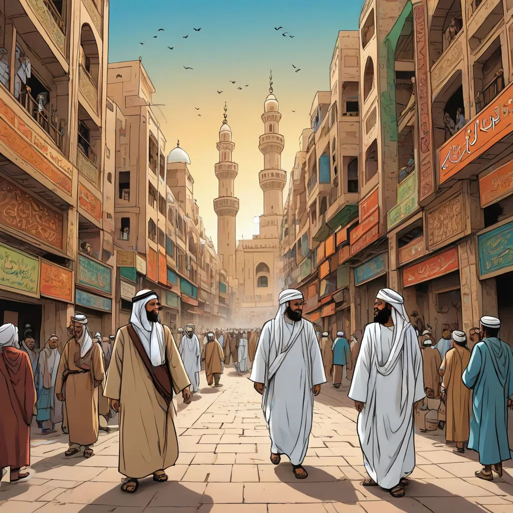 a painting of a group of men walking down a street in a city with tall buildings and a clock tower, Altoon Sultan, hurufiyya, a comic book panel, orientalism