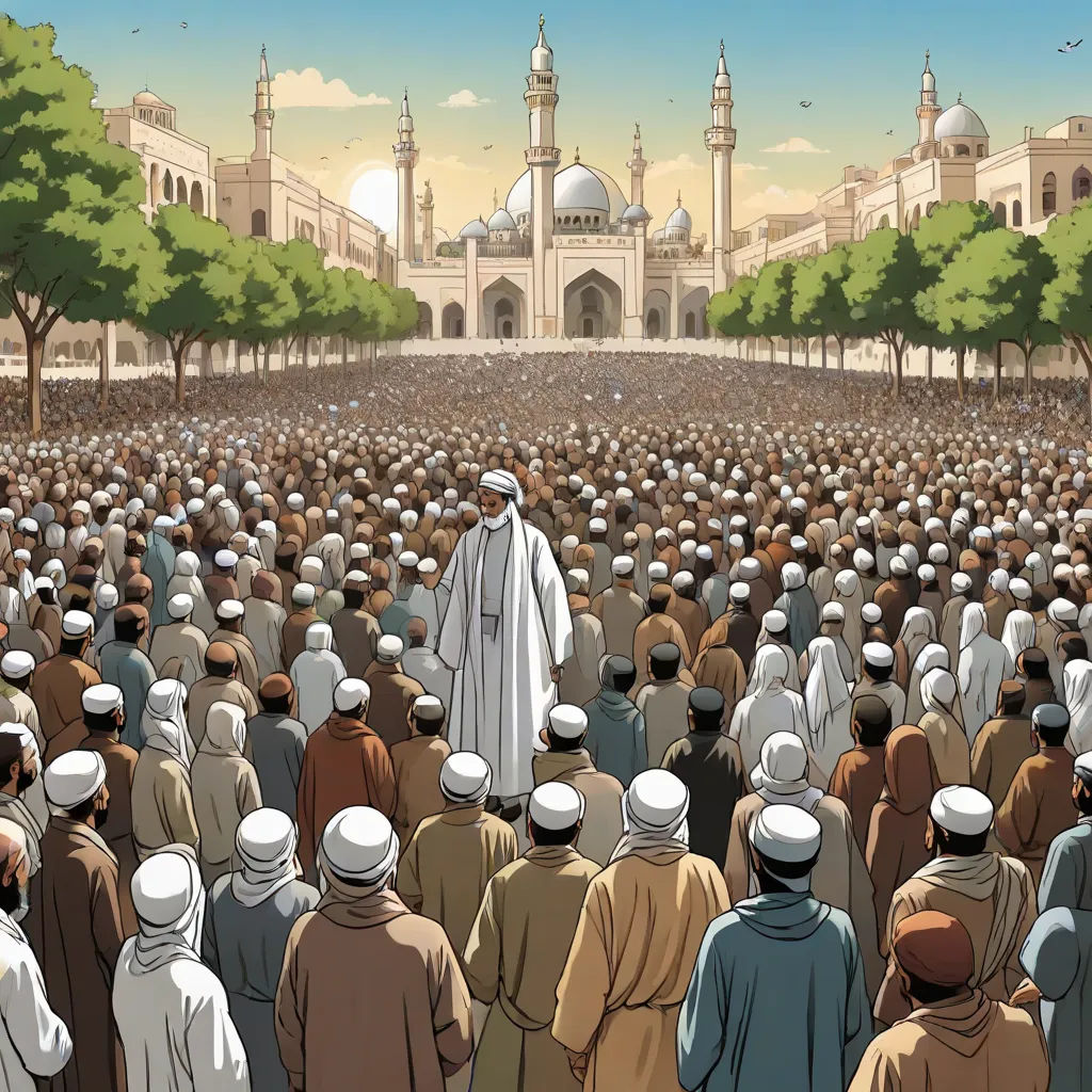 a large crowd of people standing in front of a building with a man standing on top of a podium, Altoon Sultan, hurufiyya, a comic book panel, graphic novel