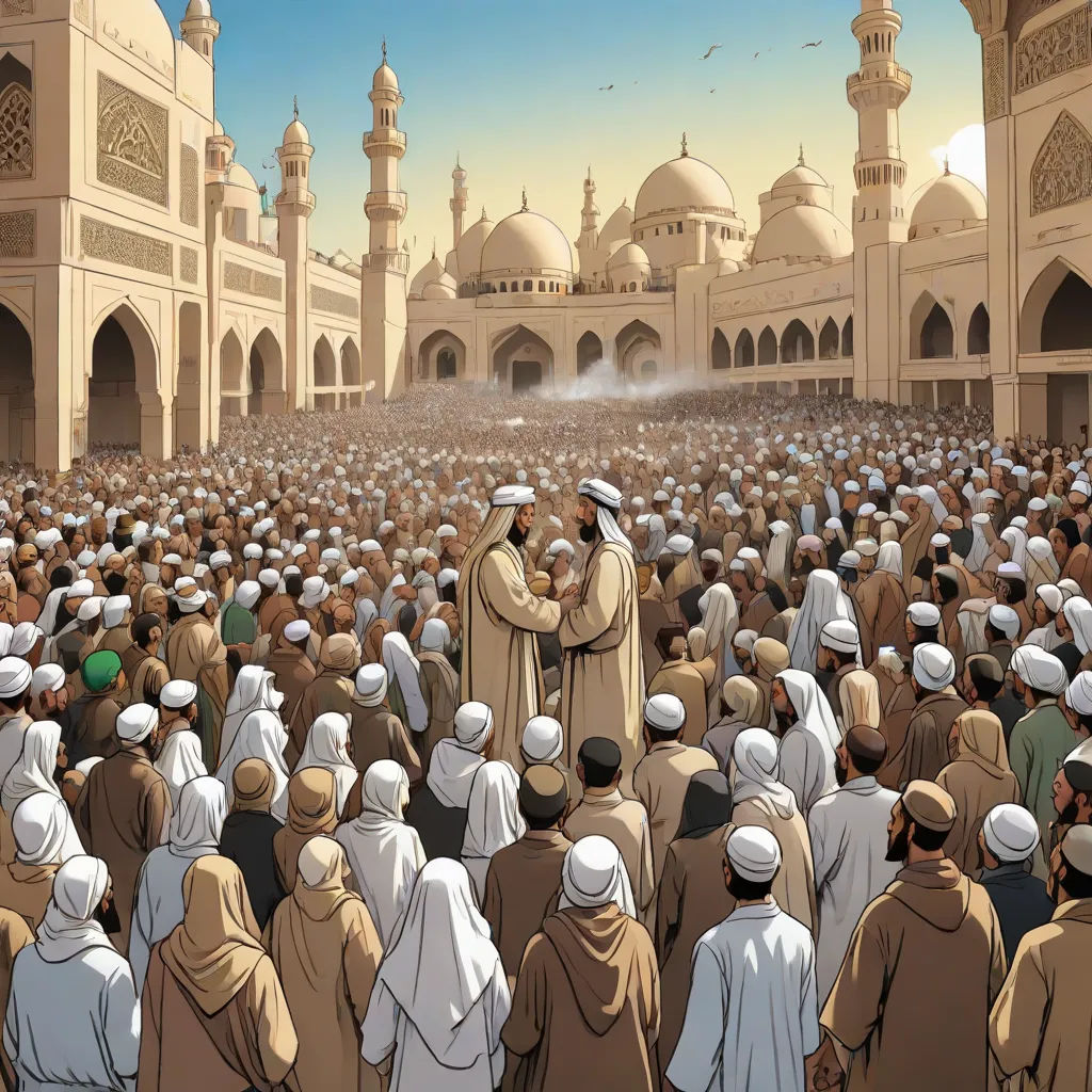 a crowd of people standing around a building with a man in a white turban standing in front of a crowd, Altoon Sultan, hurufiyya, a comic book panel, graphic novel