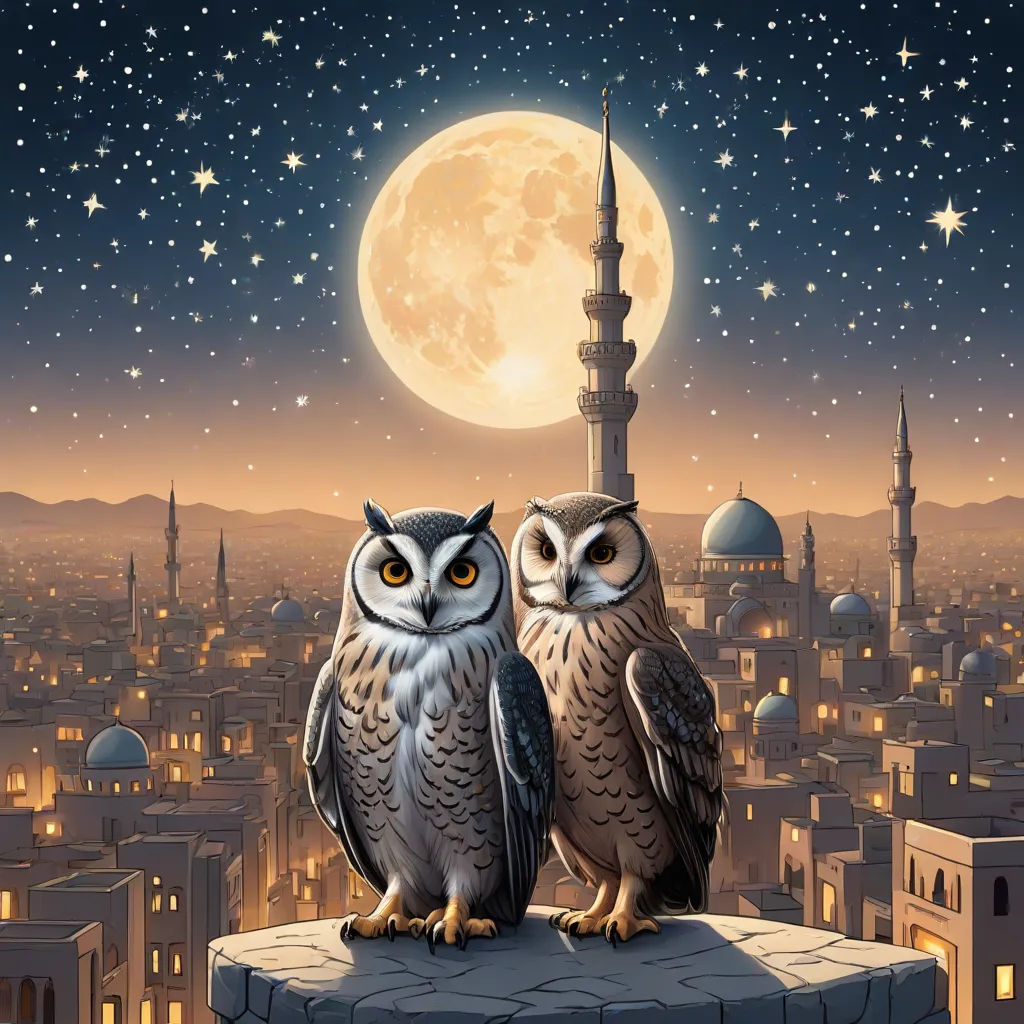 two owls sitting on a ledge in front of a city at night with a full moon in the background, Chris LaBrooy, fantasy art, a storybook illustration, highly detailed digital art